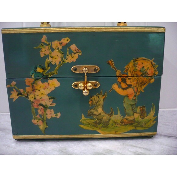 Vtg Handmade Cottagecore Wooden Purse Decoupage Whimsical Makeup Trinket Box - Picture 2 of 16